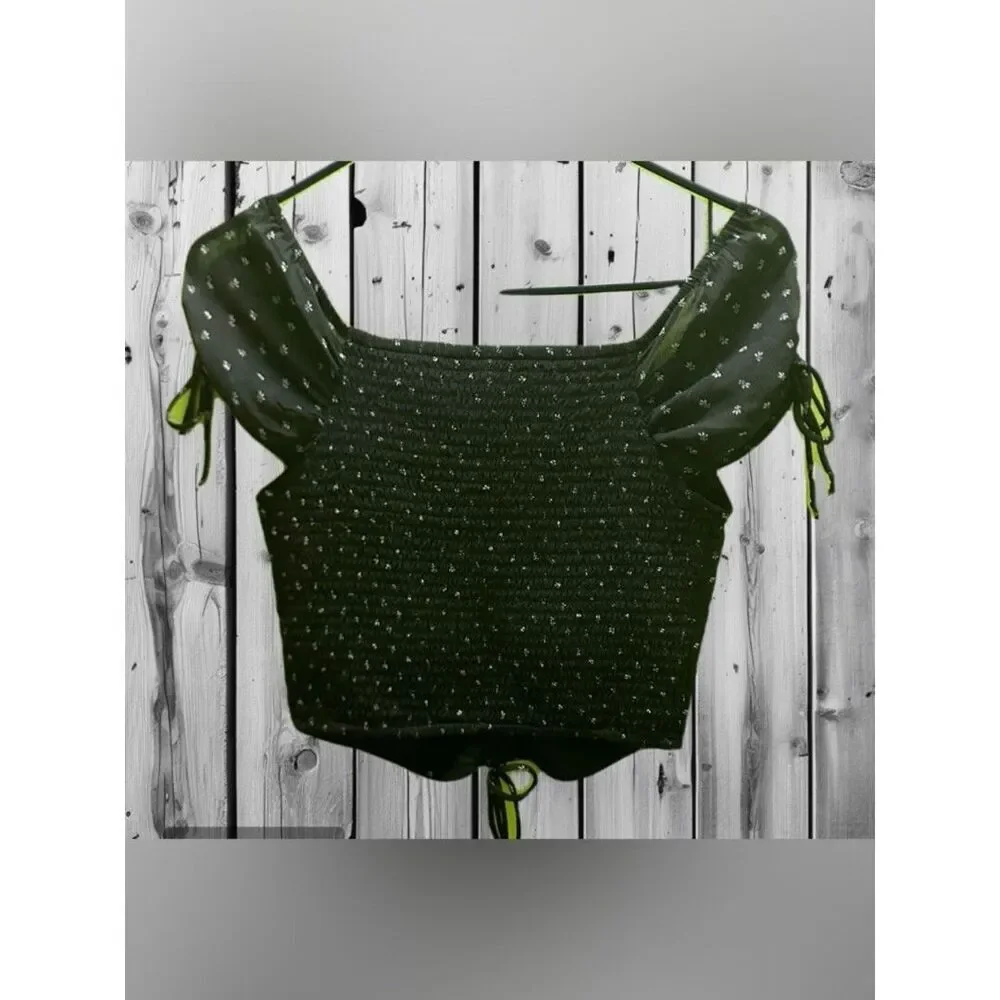 Abercrombie & Fitch Olive Green Ruched Tie-Sleeve Crop Top S